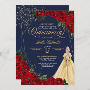 Enchanted Rose Red & Gold Fairytale Quinceañera Invitation