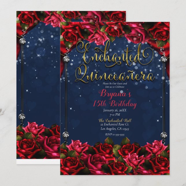 Enchanted Roses Navy Blue & Gold Quinceañera 15  Invitation (Front/Back)