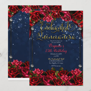 Enchanted Roses Navy Blue & Gold Quinceañera 15  Invitation