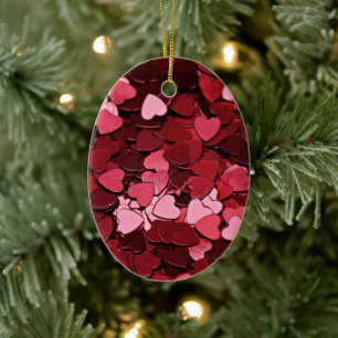 Enchanted Ruby Bliss Heart Confetti Pattern Ceramic Tree Decoration
