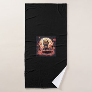 Enchanted Sakura_ Black Cat, Great Wave, and Pumpk Bath Towel