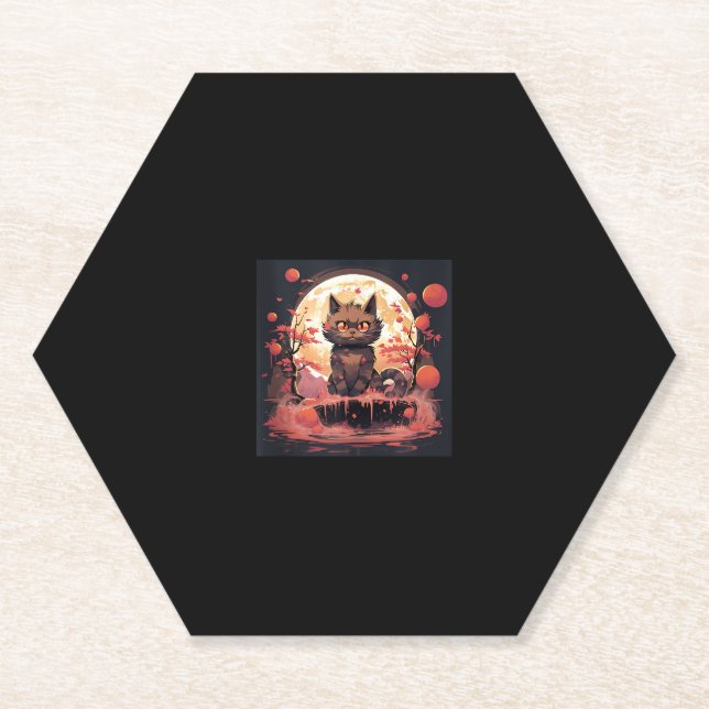 Enchanted Sakura_ Black Cat, Great Wave, and Pumpk Paper Coaster (Front)
