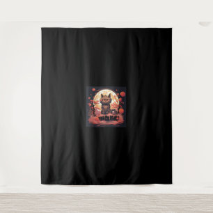 Enchanted Sakura_ Black Cat, Great Wave, and Pumpk Tapestry