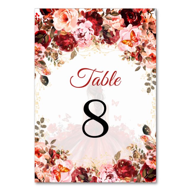  Enchanted Scarlet Gold Princess Quinceañera  Table Number (Back)