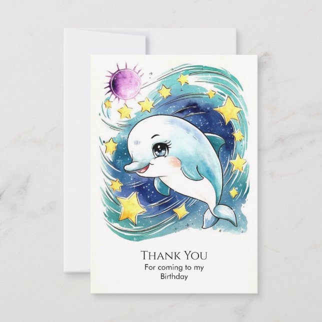 Enchanted Simple Underwater Dolphin Birthday Thank You Card (Front)