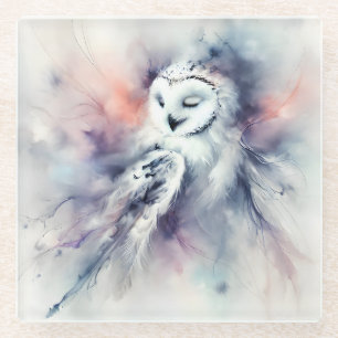 Enchanted Snowy Owl in Watercolor Glass Coaster
