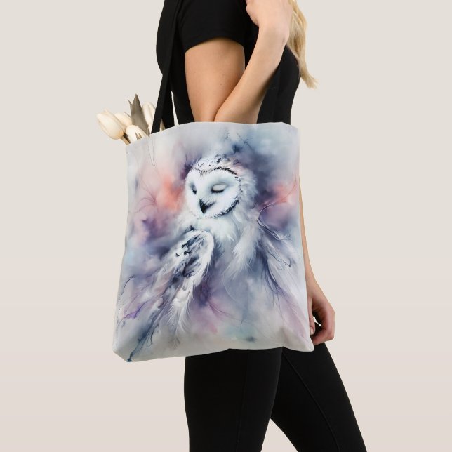 Enchanted Snowy Owl in Watercolor Tote Bag (Close Up)