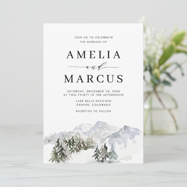 Enchanted Snowy Winter Forest Woodland Wedding Invitation (Standing Front)
