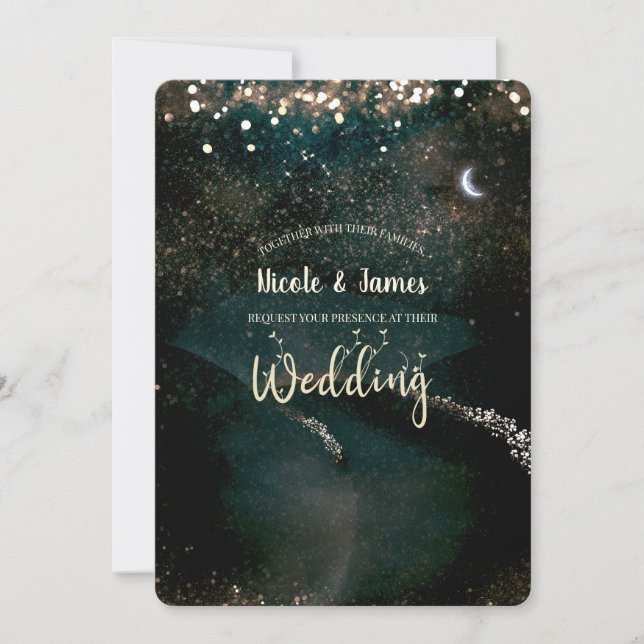 Enchanted Sparkly Starry Moon in Sky Night Wedding Invitation (Front)