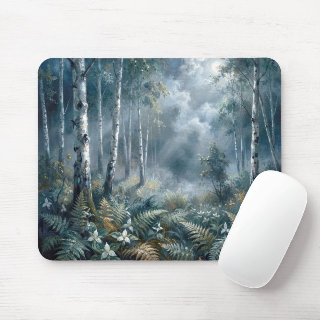 Enchanted Spring Birch Forest in Moonlight Mouse Mat (With Mouse)