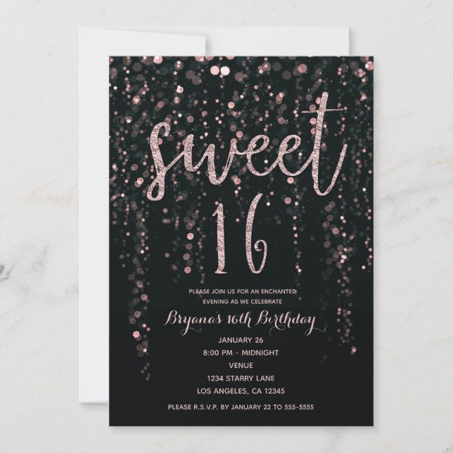Enchanted Star Lights Rose Gold Blush Sweet 16  In Invitation (Front)