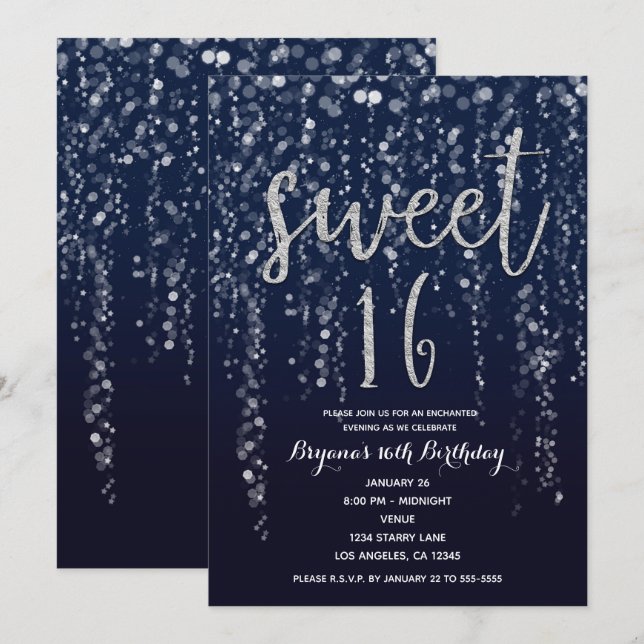 Enchanted Star Lights Silver & Blue Sweet 16 Party Invitation (Front/Back)
