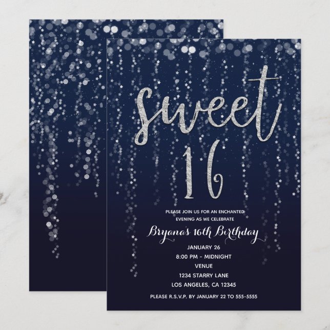 Enchanted Star Lights Silver & Blue Sweet 16 Party Invitation (Front/Back)