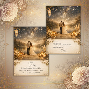 enchanted Starry Night Lake Blue & Gold Wedding Invitation