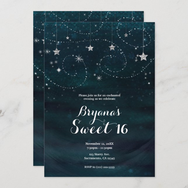 Enchanted Starry Night Silver & Blue Party Invitation (Front/Back)