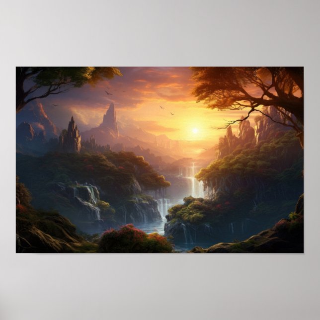 Enchanted Sunset Valley — Fantasy Landscape Art Po Poster (Front)