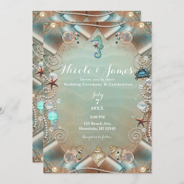 Enchanted Teal Under Sea Pearls Ribbon Wedding Invitation (Front/Back)