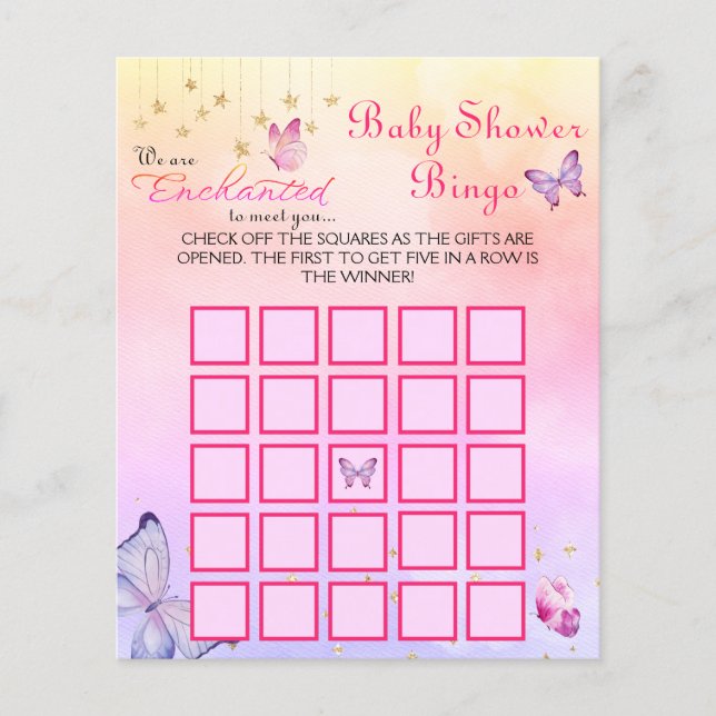 Enchanted To Meet Butterfly Baby Shower Game Bingo (Front)