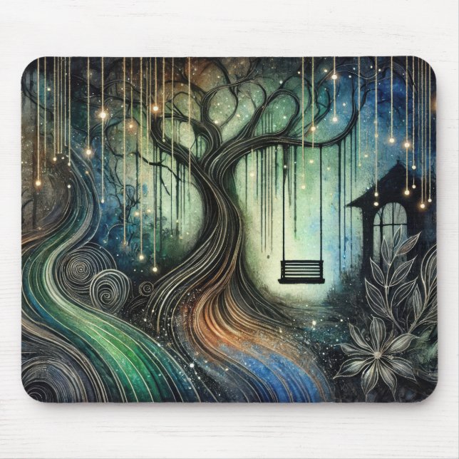 Enchanted Tree Swing and Glowing Lights at Night Mouse Mat (Front)