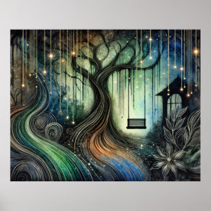 Enchanted Tree Swing and Glowing Lights at Night Poster