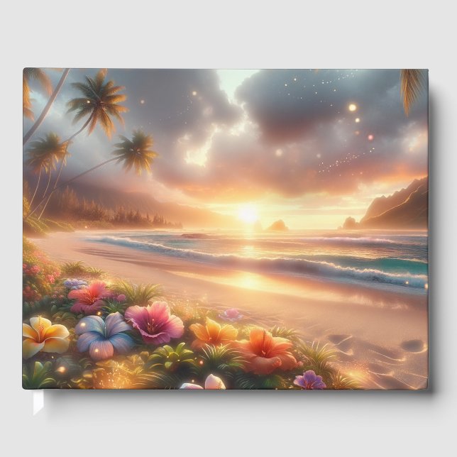Enchanted Tropical Beach Magical Hibiscus Wedding Guest Book (Front)
