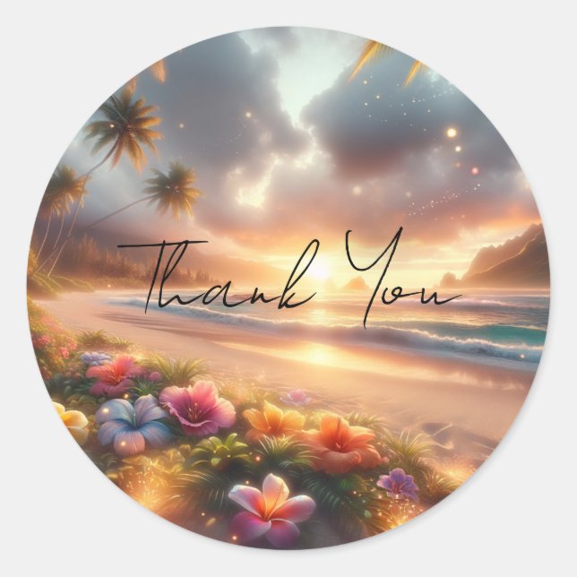 Enchanted Tropical Beach with Magical Hibiscus  Classic Round Sticker (Front)
