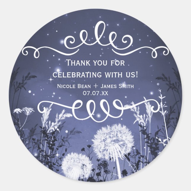 Enchanted Twilight Sky Stars & Foliage Wedding Classic Round Sticker (Front)