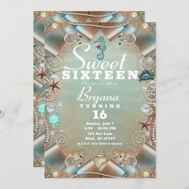 Enchanted Under The Sea Pearls & Ribbon Sweet 16 Invitation (Front/Back)