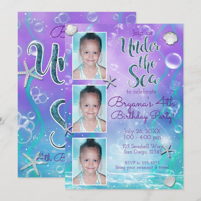 Enchanted Under the Sea Purple Teal 3 Photo Party Invitation (Front/Back)
