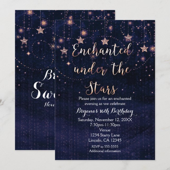 Enchanted under the Stars Purple & Gold Invitation (Front/Back)