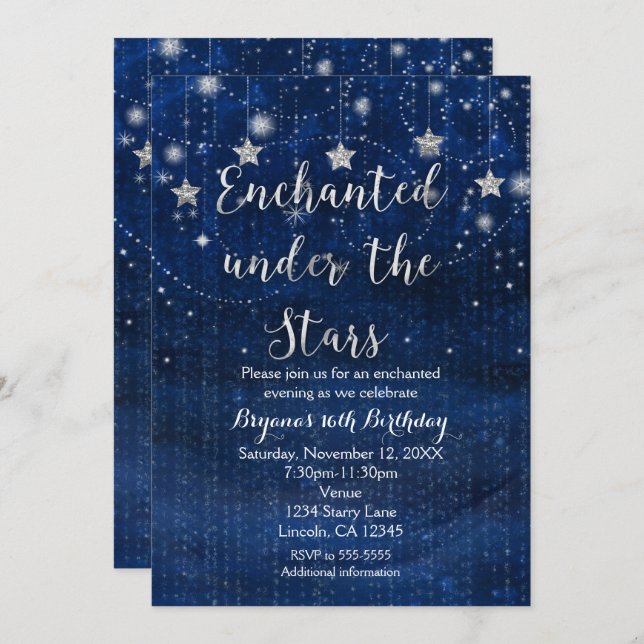 Enchanted under the Stars Silver & Blue Invitation (Front/Back)