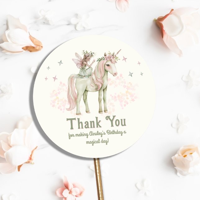 Enchanted Unicorn and Fairy Personalised Birthday Classic Round Sticker (Creator Uploaded)