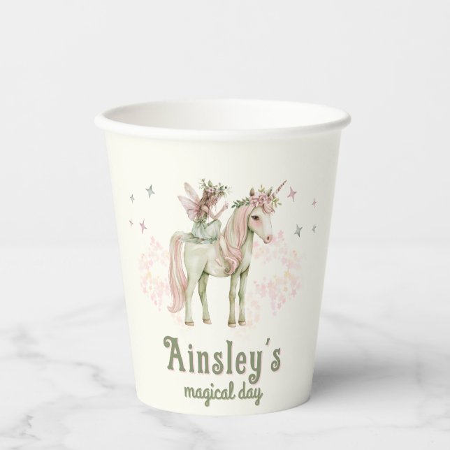 Enchanted Unicorn and Fairy Personalised Birthday Paper Cups (Front)