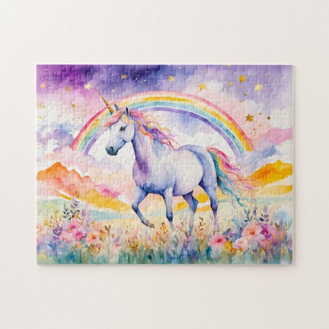 Enchanted Unicorn Beneath A Glowing Rainbow Sky Jigsaw Puzzle (Horizontal)