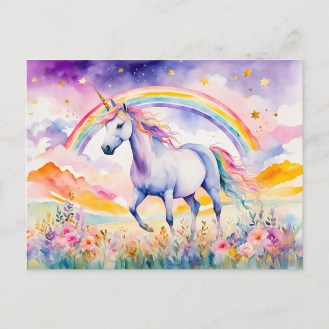 Enchanted Unicorn Beneath A Glowing Rainbow Sky Postcard (Front)