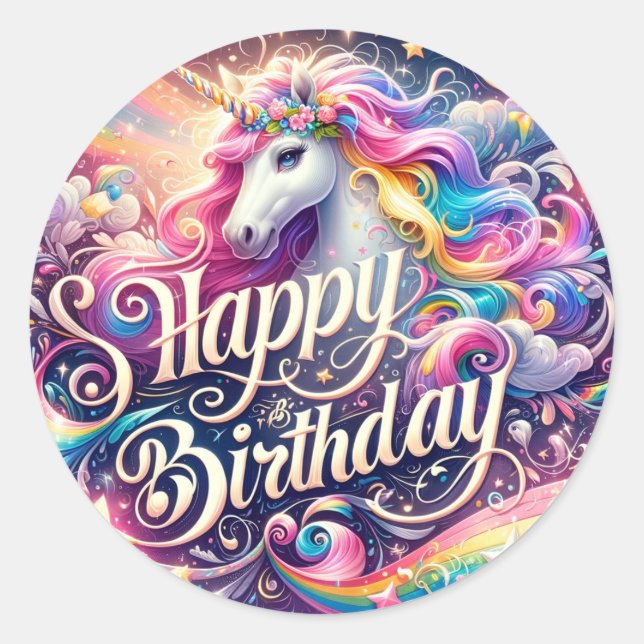 Enchanted Unicorn Birthday Stickers" Classic Round Sticker (Front)
