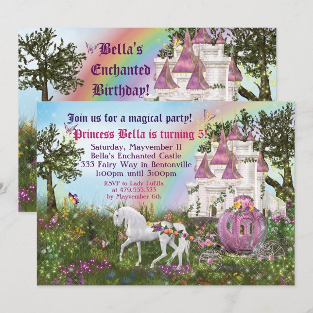 Enchanted Unicorn Castle Princess Party Invitation (Front/Back)