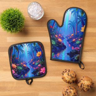 Enchanted Vibrant River Forest Dream Oven Mitt & Pot Holder Set