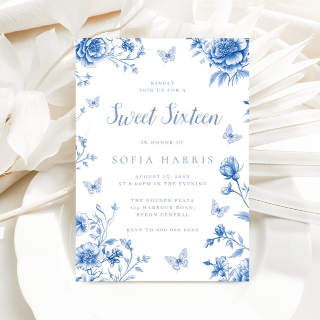 Enchanted Vintage Blue Flowers Sweet 16 Birthday Invitation (Creator Uploaded)