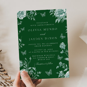 Enchanted Vintage Emerald Green Floral Wedding Invitation