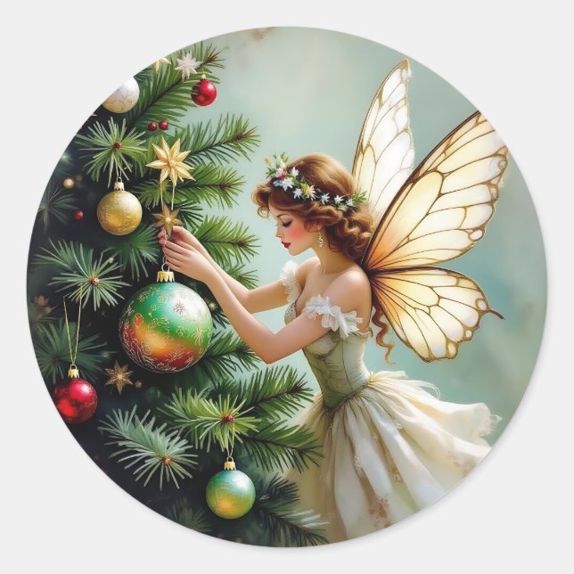 Enchanted Vintage Fairy Christmas Classic Round Sticker (Front)