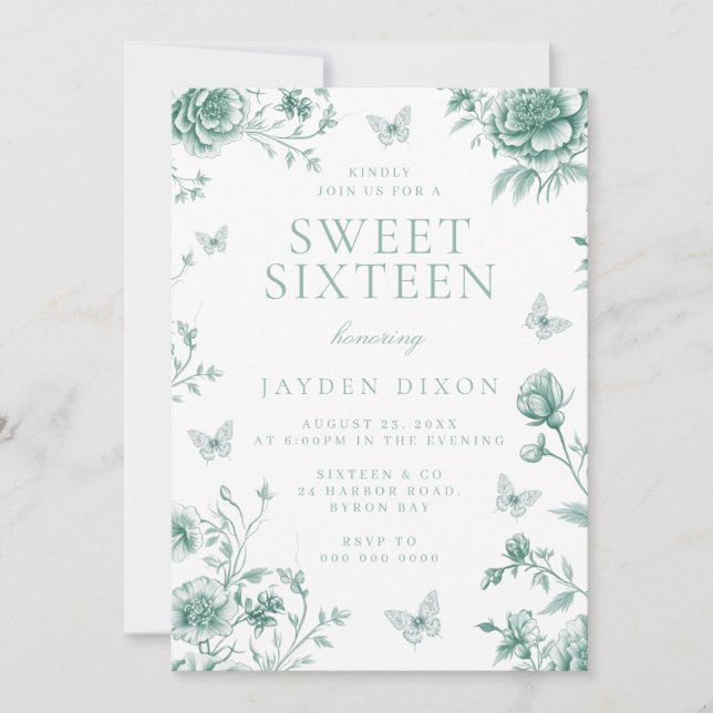 Enchanted Vintage Sage Green Sweet 16 Party Invitation (Front)