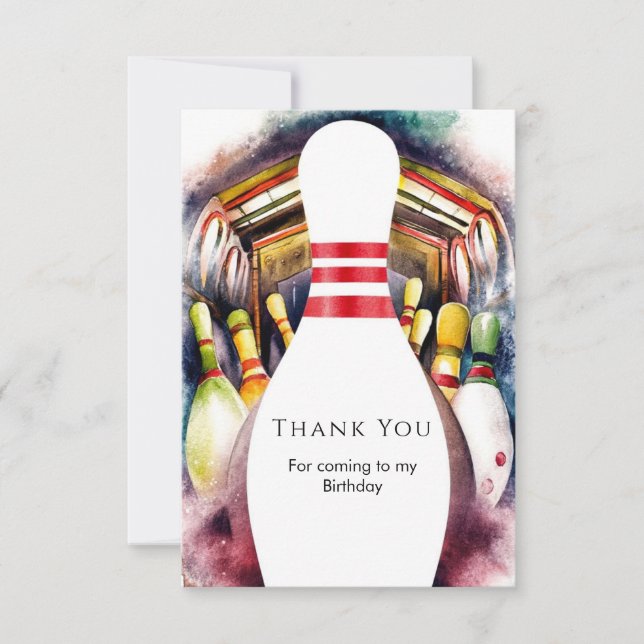 Enchanted Watercolor Custom Bowling Birthday Thank You Card (Front)