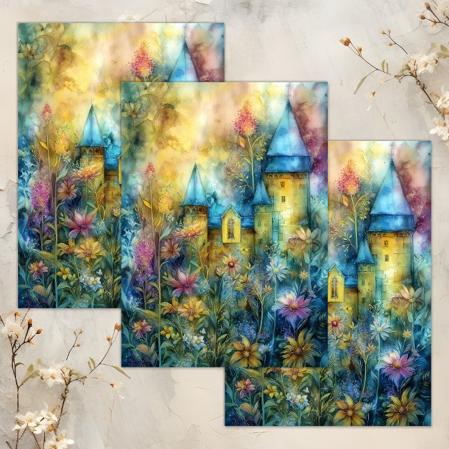 ENCHANTED WATERCOLOR FAIRY CASTLE DECOUPAGE TISSUE PAPER (ENCHANTED WATERCOLOR FAIRY CASTLE DECOUPAGE TISSUE PAPER)