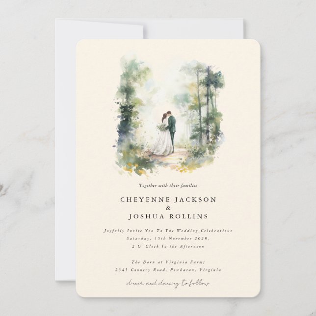 Enchanted Watercolor Forest Bohemian Wedding  Invitation (Front)