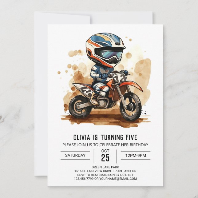 Enchanted Watercolor Motorcycle Birthday Invitation (Front)