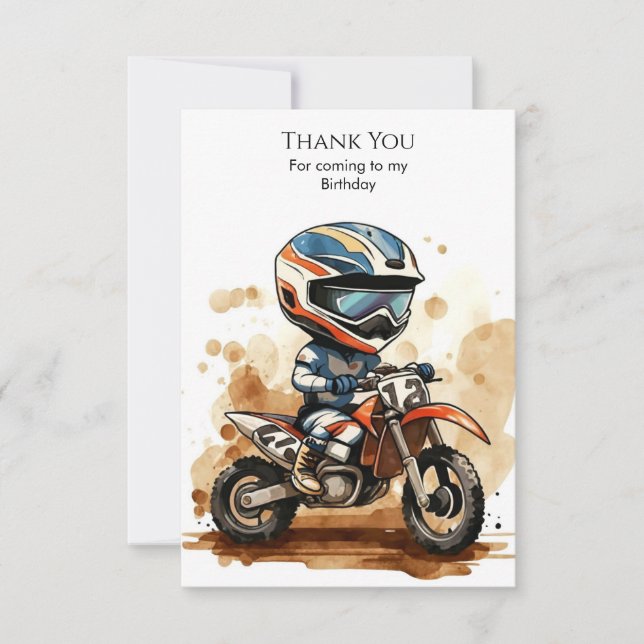 Enchanted Watercolor Motorcycle Birthday Thank You Card (Front)