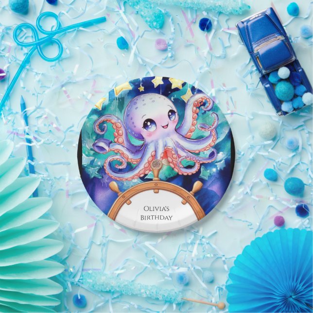 Enchanted Watercolor Octopus Birthday Paper Plate (Party)