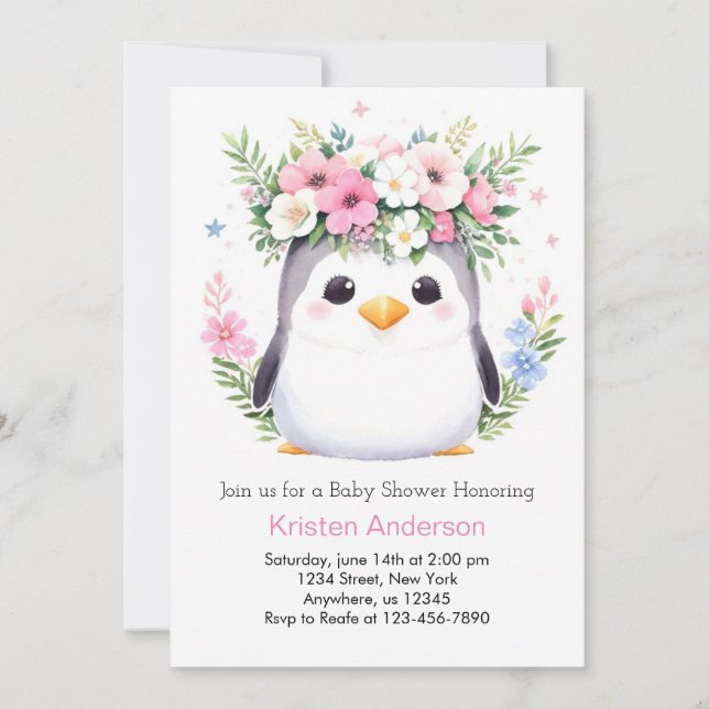 Enchanted Watercolor Penguin Girl Baby Shower Invitation (Front)