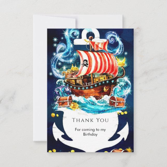 Enchanted Watercolor Ship Pirate Birthday Thank You Card (Front)